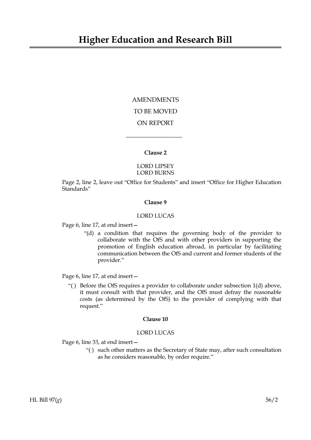 Higher Education and Research Bill Lords Amendments