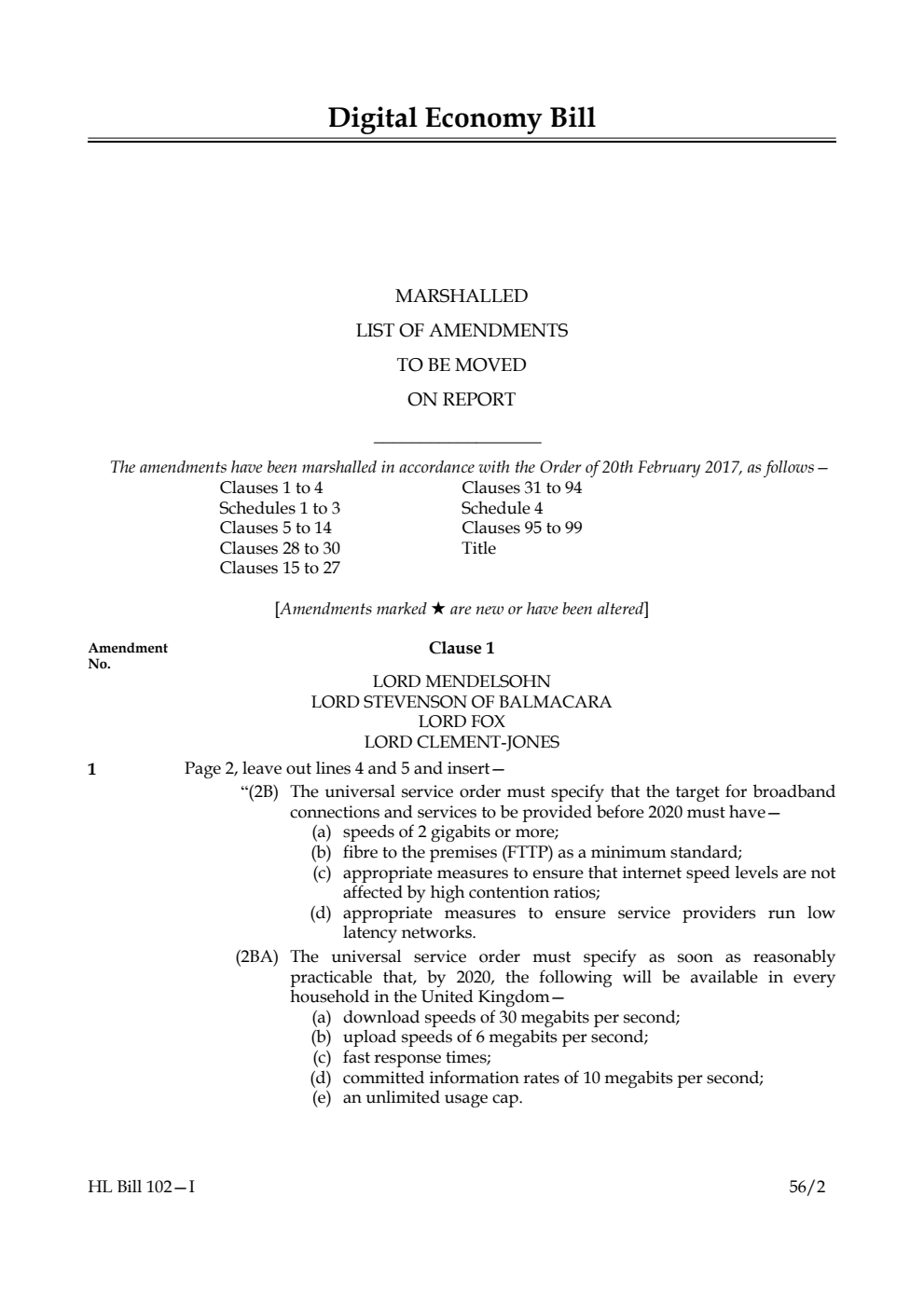 Digital Economy Bill Lords Amendments 1st Marshalled List