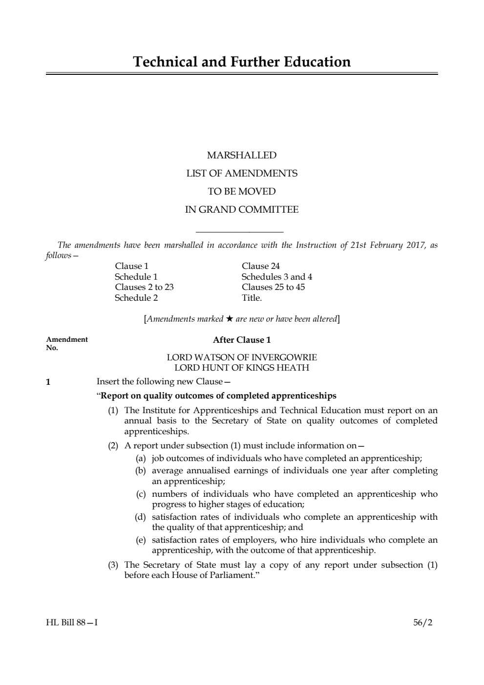 Technical and Further Education Bill Lords Amendments 1st Marshalled List