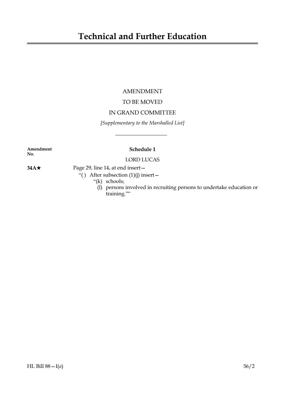 Technical and Further Education Bill Lords Amendments