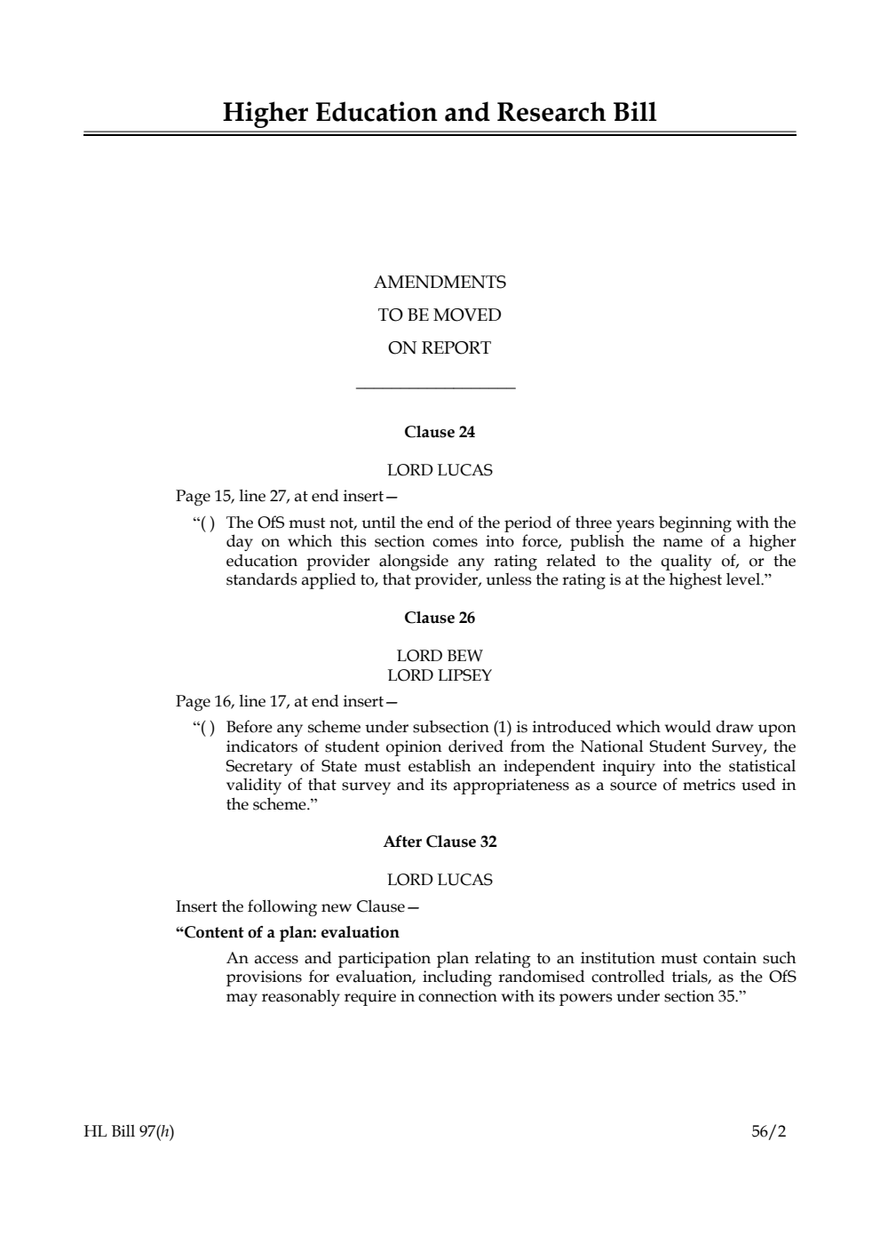 Higher Education and Research Bill Lords Amendments