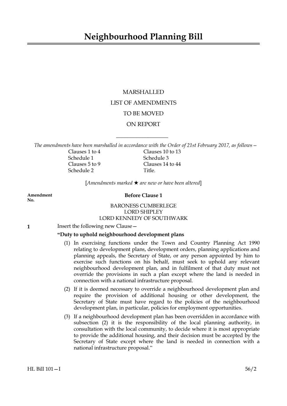 Neighbourhood Planning Bill Lords Amendments 1st Marshalled List