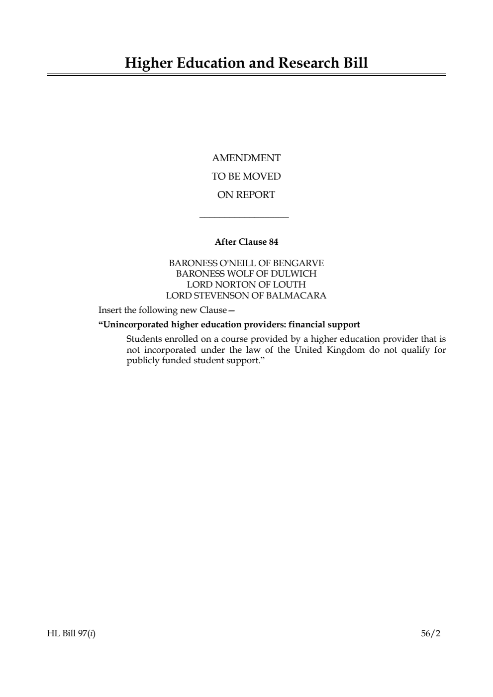 Higher Education and Research Bill Lords Amendments