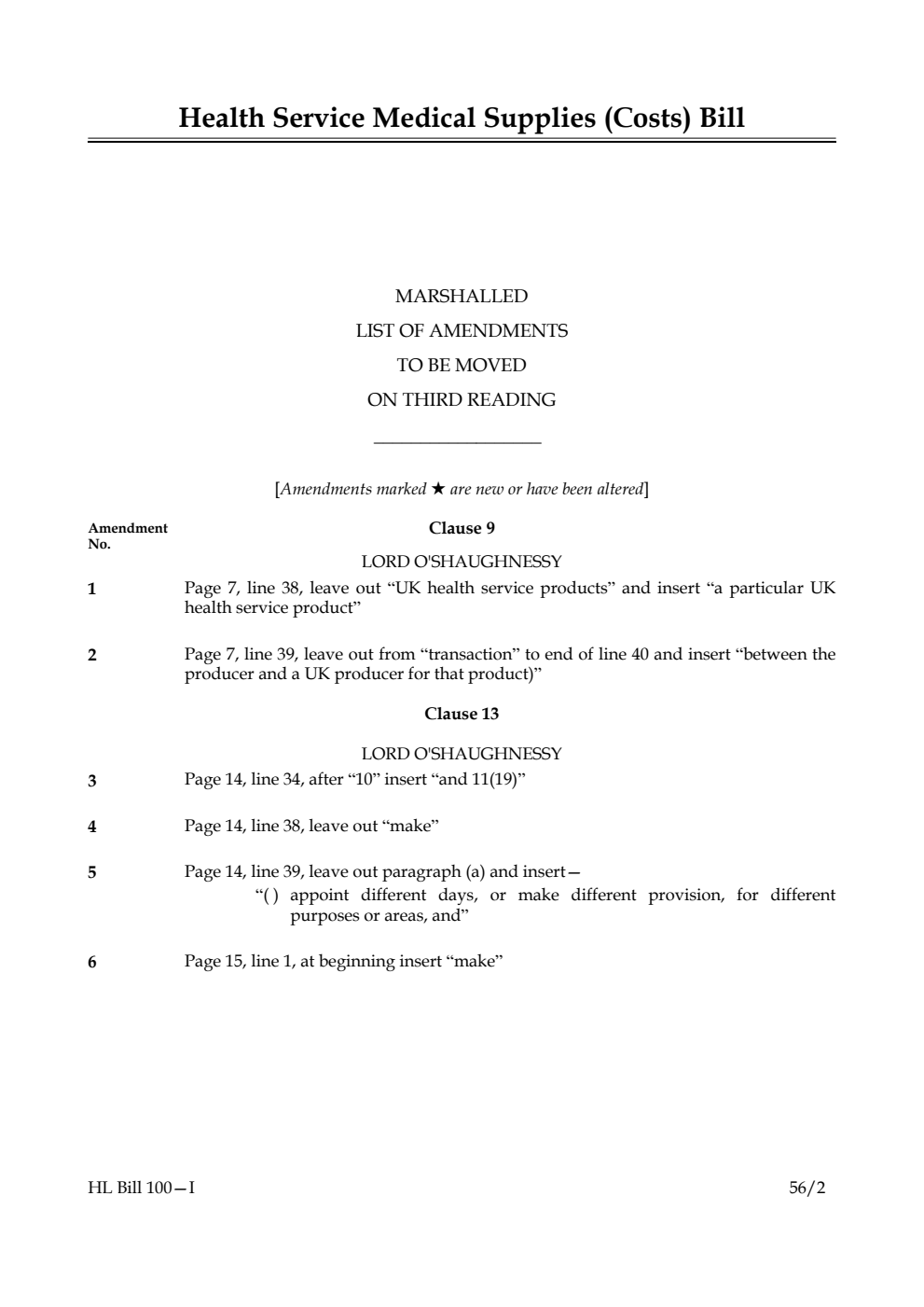 Health Service Medical Supplies (Costs) Bill Lords Amendments 1st Marshalled List
