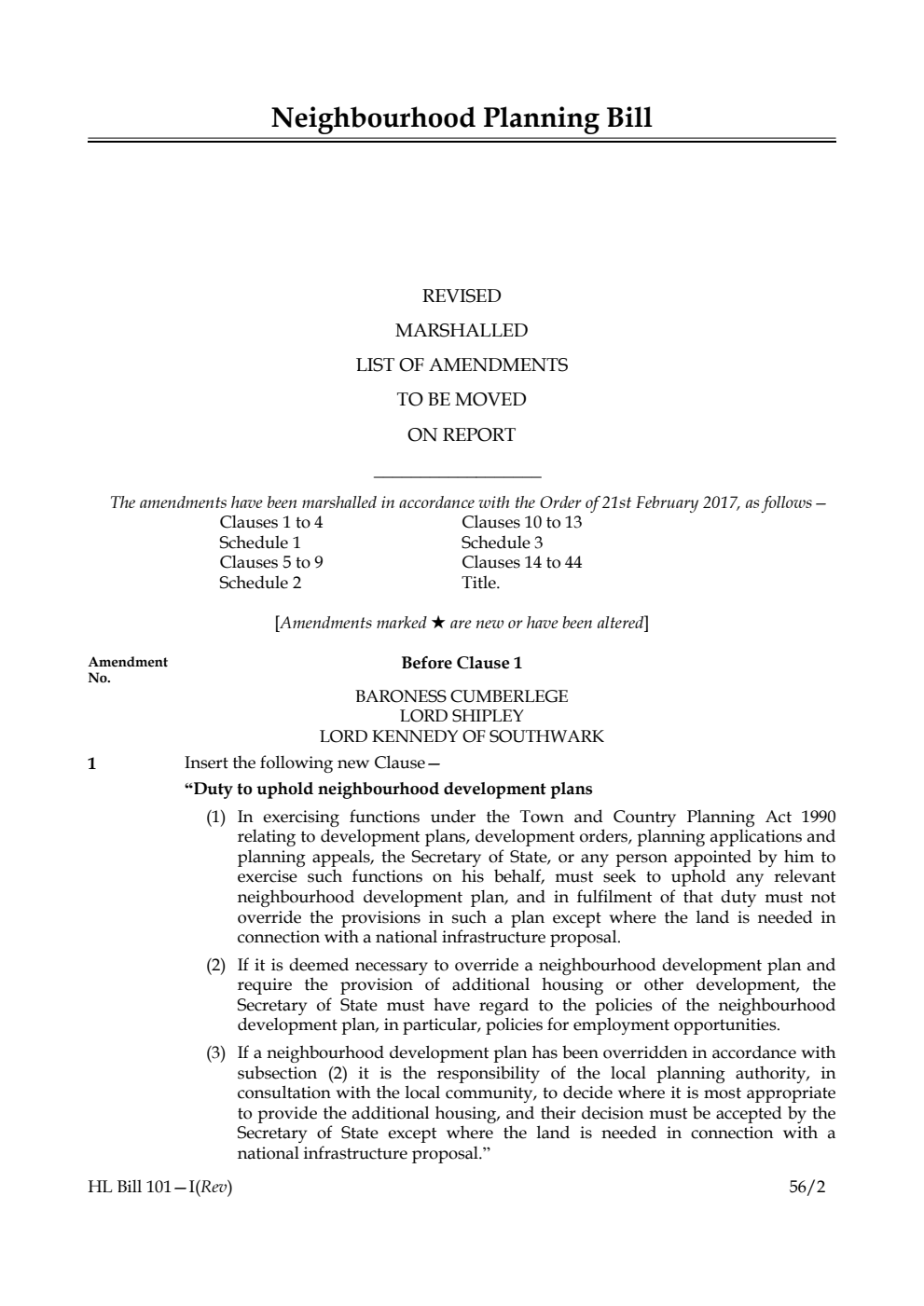 Neighbourhood Planning Bill Lords Amendments Revised 1st Marshalled List
