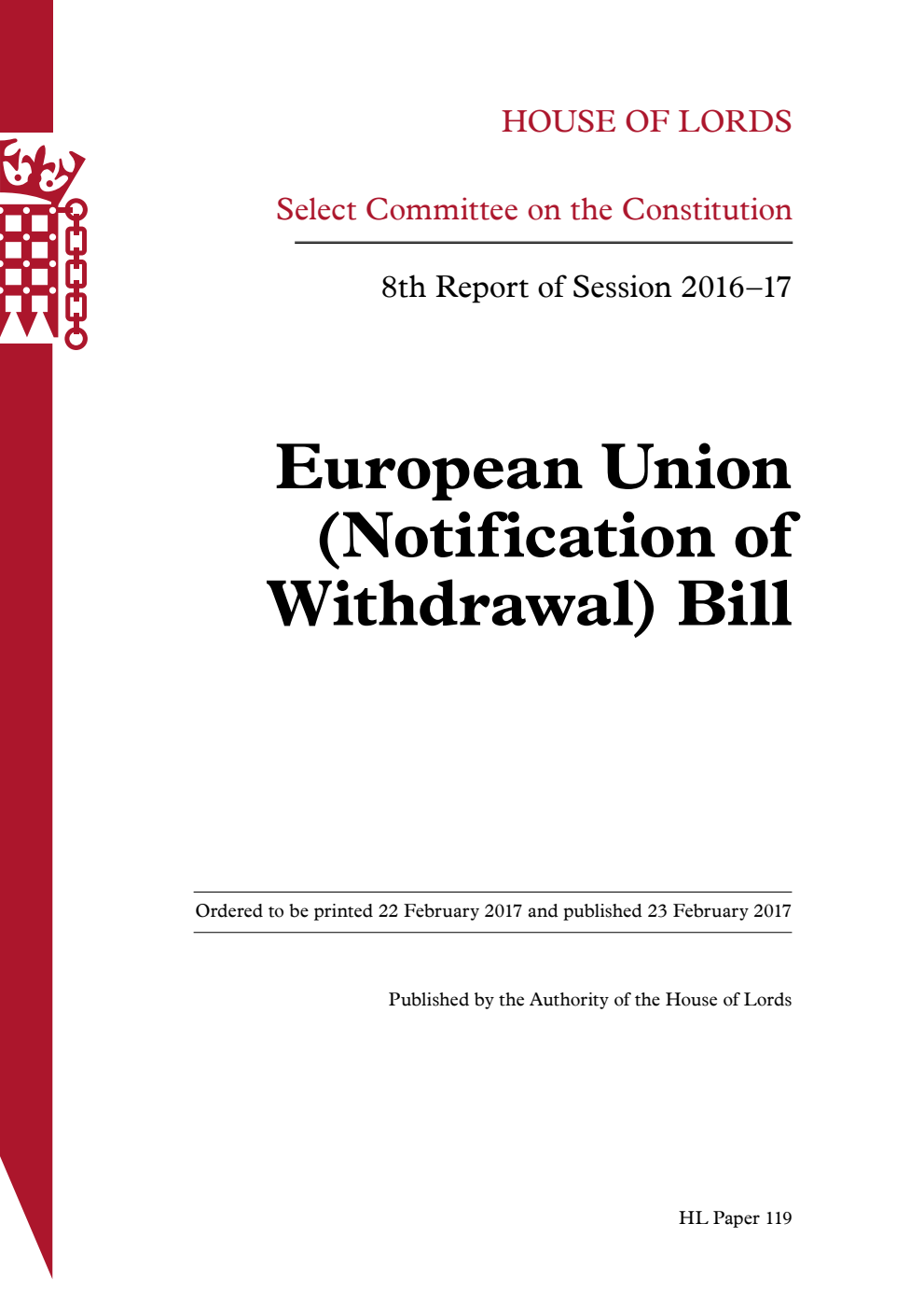 Constitution Committee 8th Report. European Union (Notification of Withdrawal) Bill