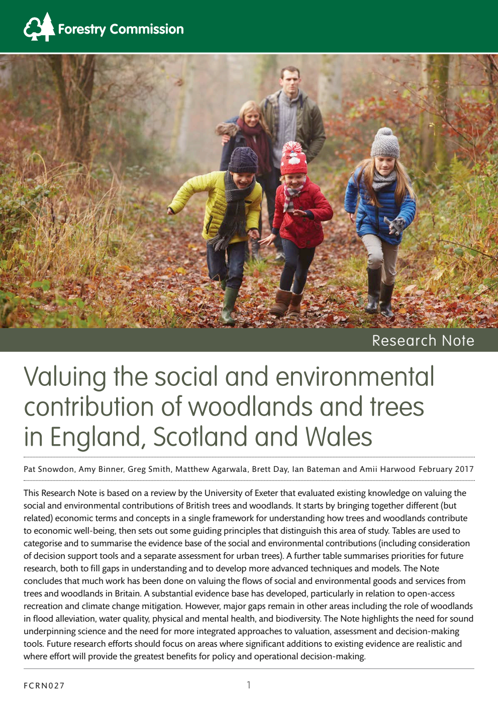 Forestry Commission Research Note 027 Valuing the social and environmental contribution of woodlands and trees in England, Scotland and Wales