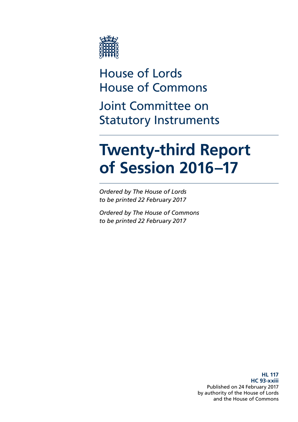 Statutory Instruments Joint Committee 23rd Report of Session 2016-17