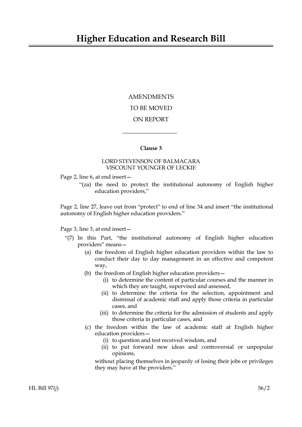 Higher Education and Research Bill Lords Amendments