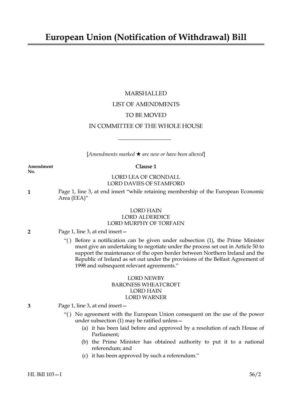 European Union (Notification of Withdrawal) Bill Lords Amendments 1st Marshalled List