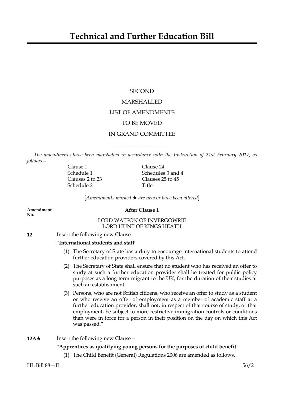 Technical and Further Education Bill Lords Amendments 2nd Marshalled List