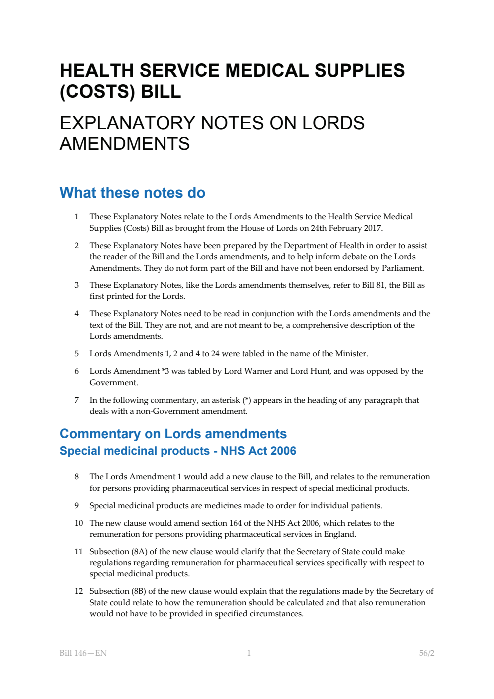 Health Service Medical Supplies (Costs) Bill Explanatory Notes on Lords Amendments
