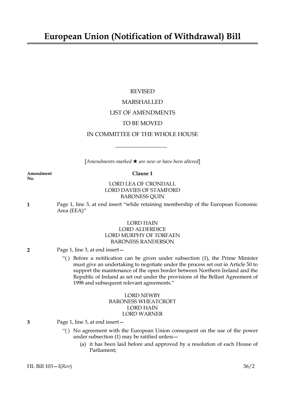 European Union (Notification of Withdrawal) Bill Lords Amendments Revised 1st Marshalled List