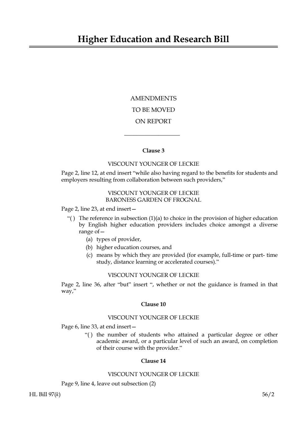 Higher Education and Research Bill Lords Amendments