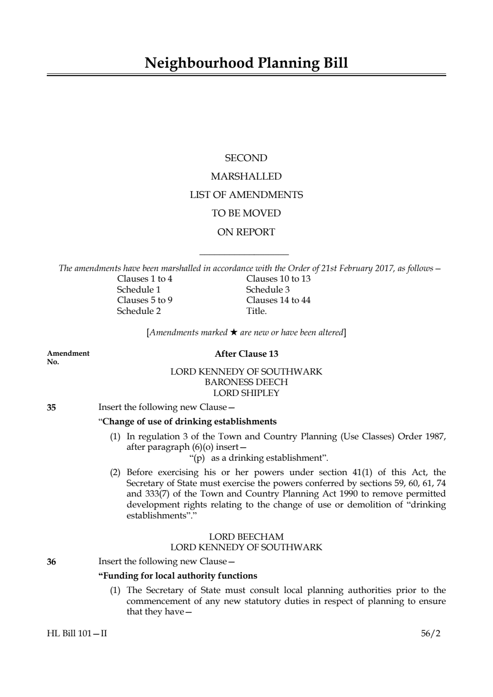 Neighbourhood Planning Bill Lords Amendments 2nd Marshalled List