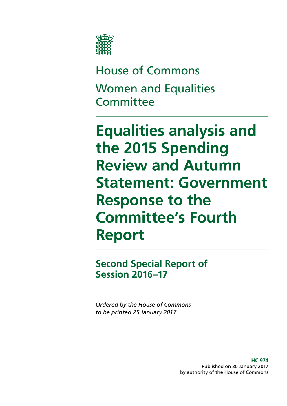 Women and Equalities Committee 2nd Special Report. Equalities analysis and the 2015 Spending Review and Autumn Statement: Government Response to the Committee’s 4th Report
