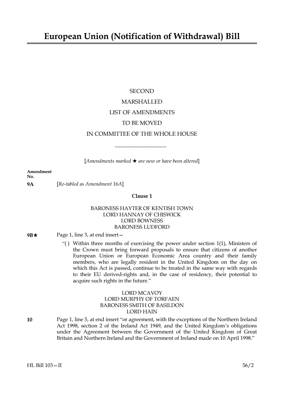European Union (Notification of Withdrawal) Bill Lords Amendments 2nd Marshalled List