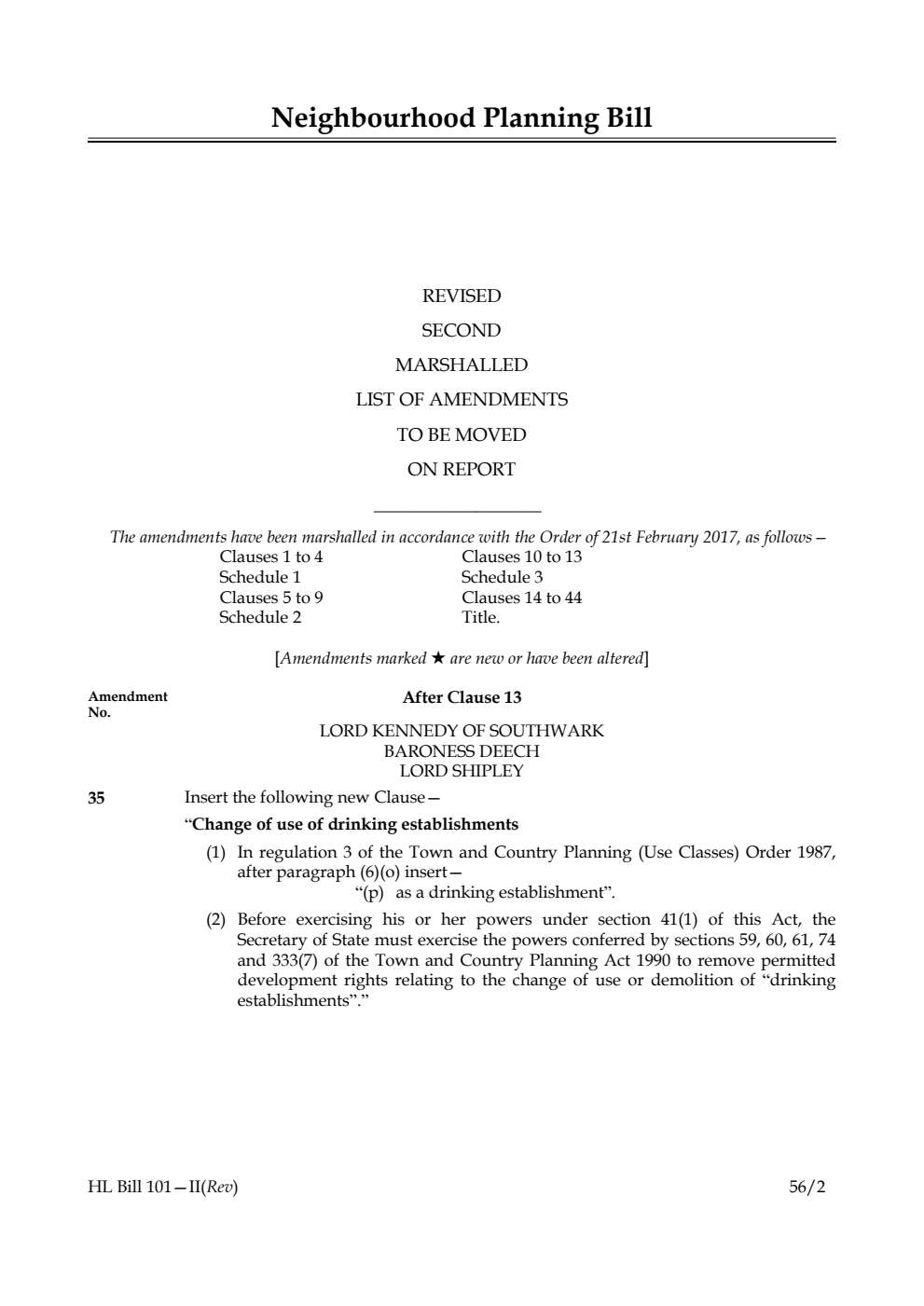 Neighbourhood Planning Bill Lords Amendments Revised 2nd Marshalled List