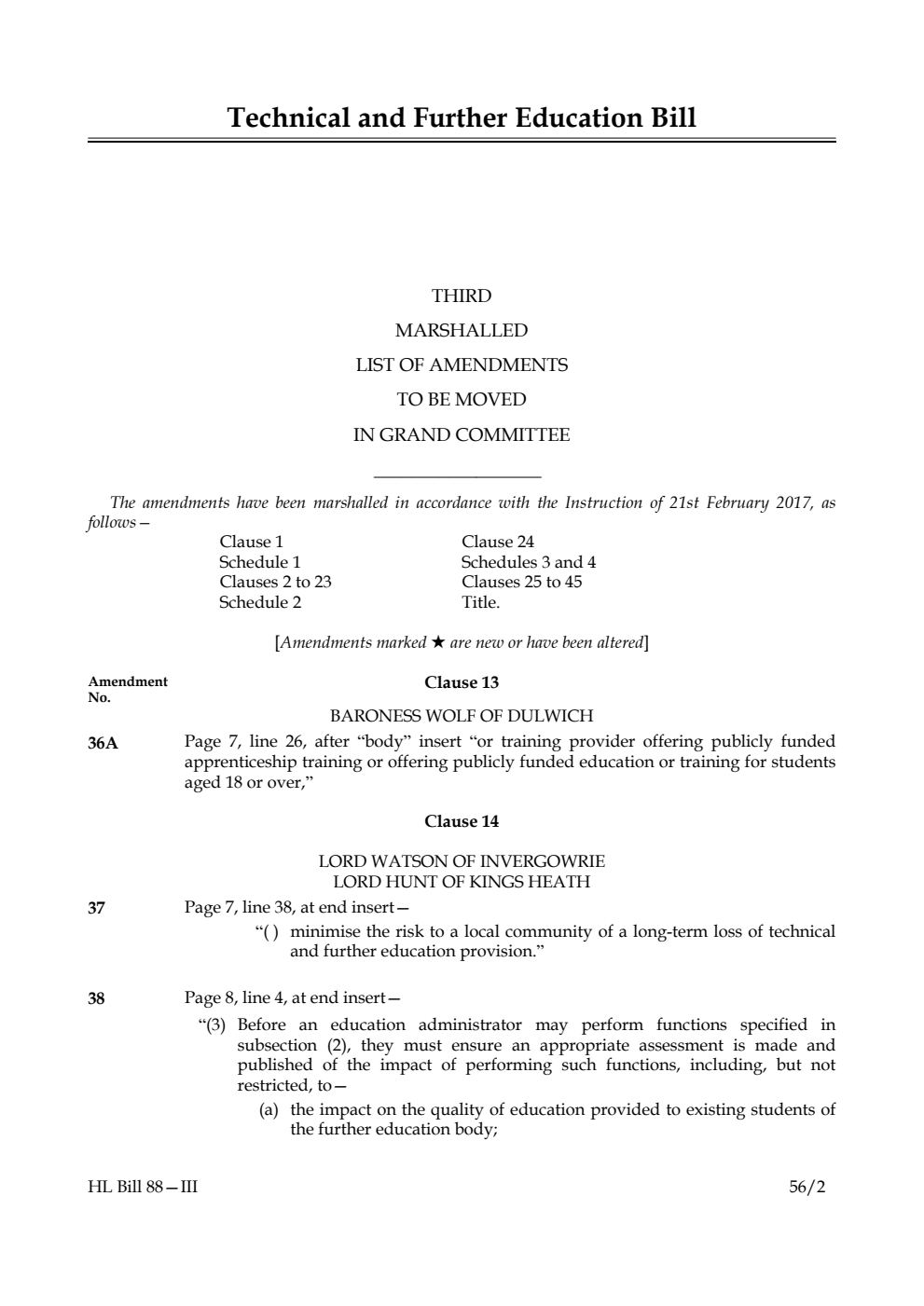 Technical and Further Education Bill Lords Amendments 3rd Marshalled List