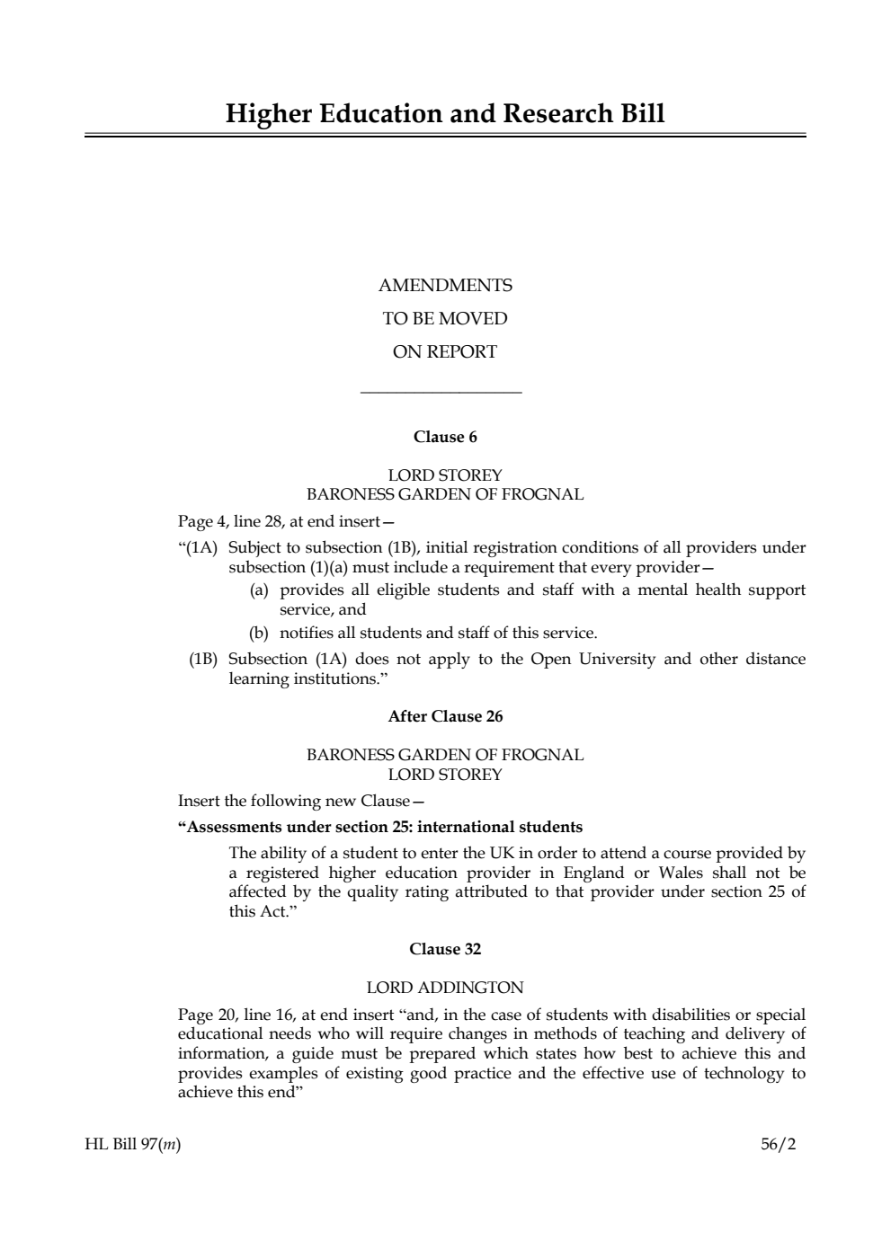 Higher Education and Research Bill Lords Amendments