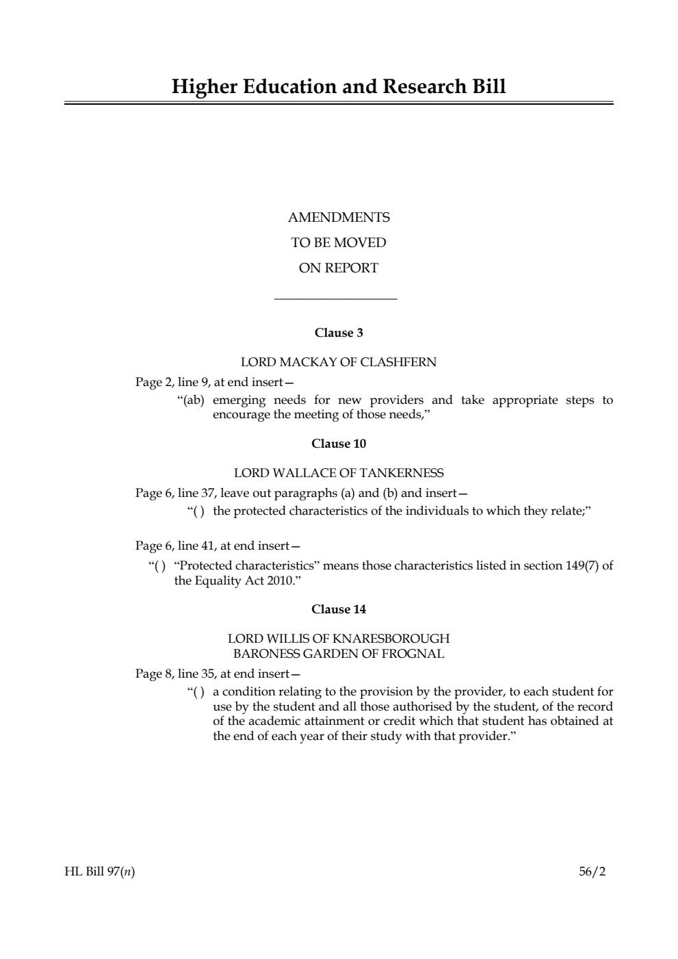 Higher Education and Research Bill Lords Amendments