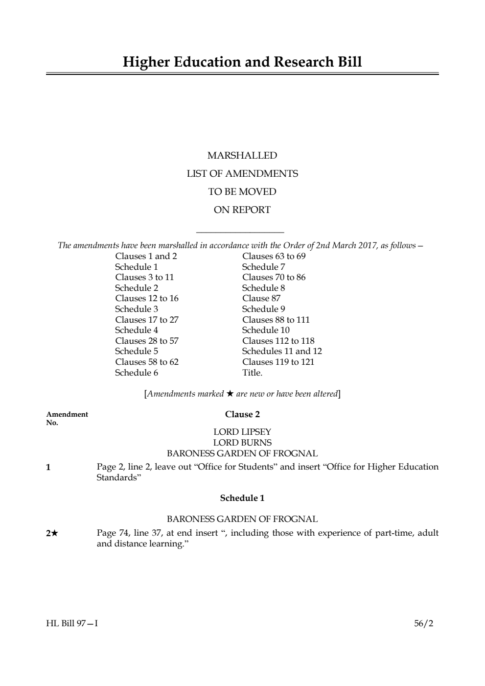 Higher Education and Research Bill Lords Amendments 1st Marshalled List