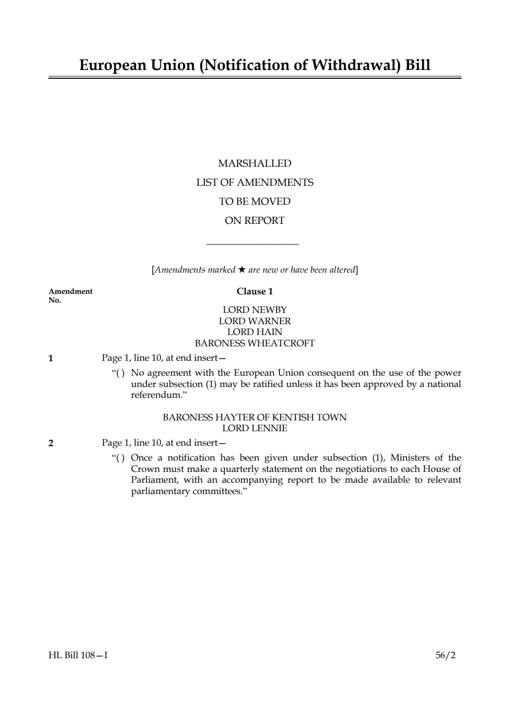 European Union (Notification of Withdrawal) Bill Lords Amendments 1st Marshalled List
