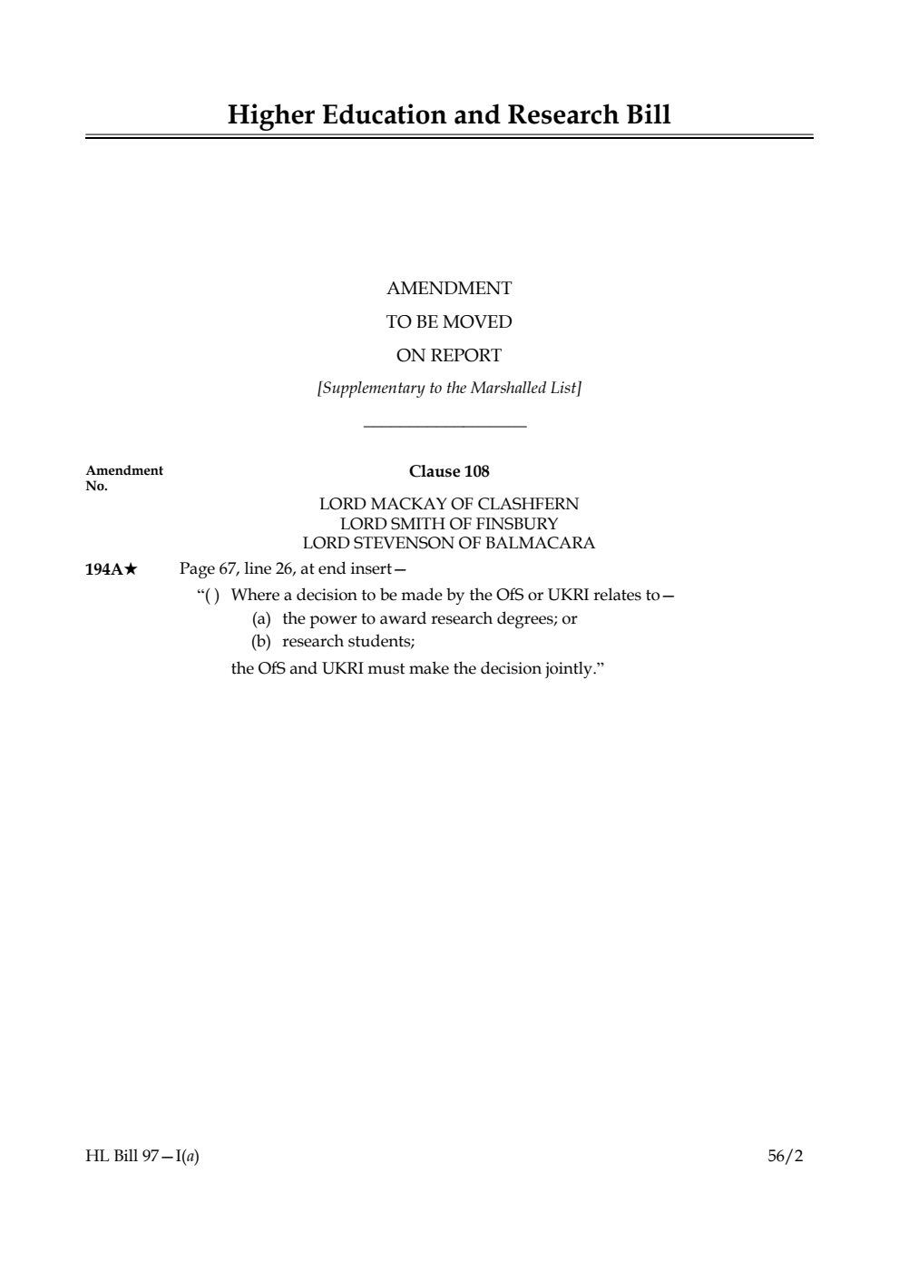Higher Education and Research Bill Lords Amendments