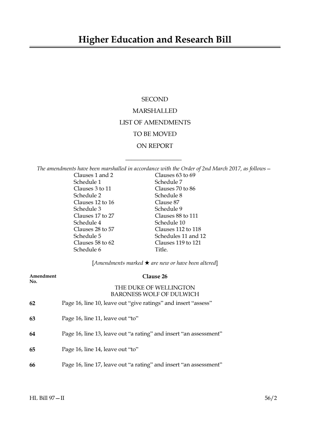 Higher Education and Research Bill Lords Amendments 2nd Marshalled List