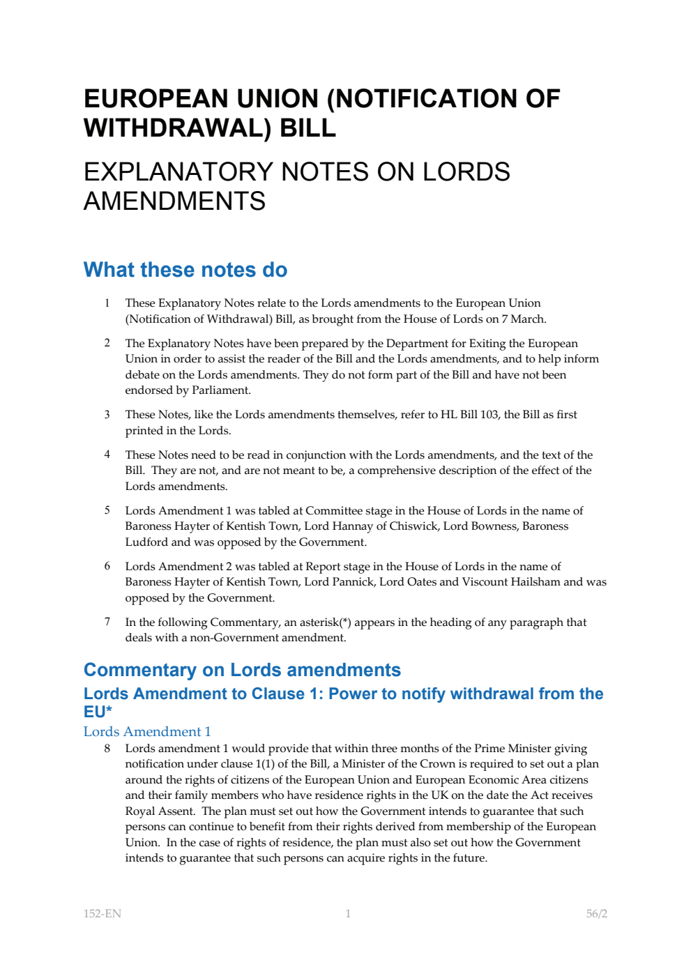 European Union (Notification Of Withdrawal) Bill Explanatory Notes