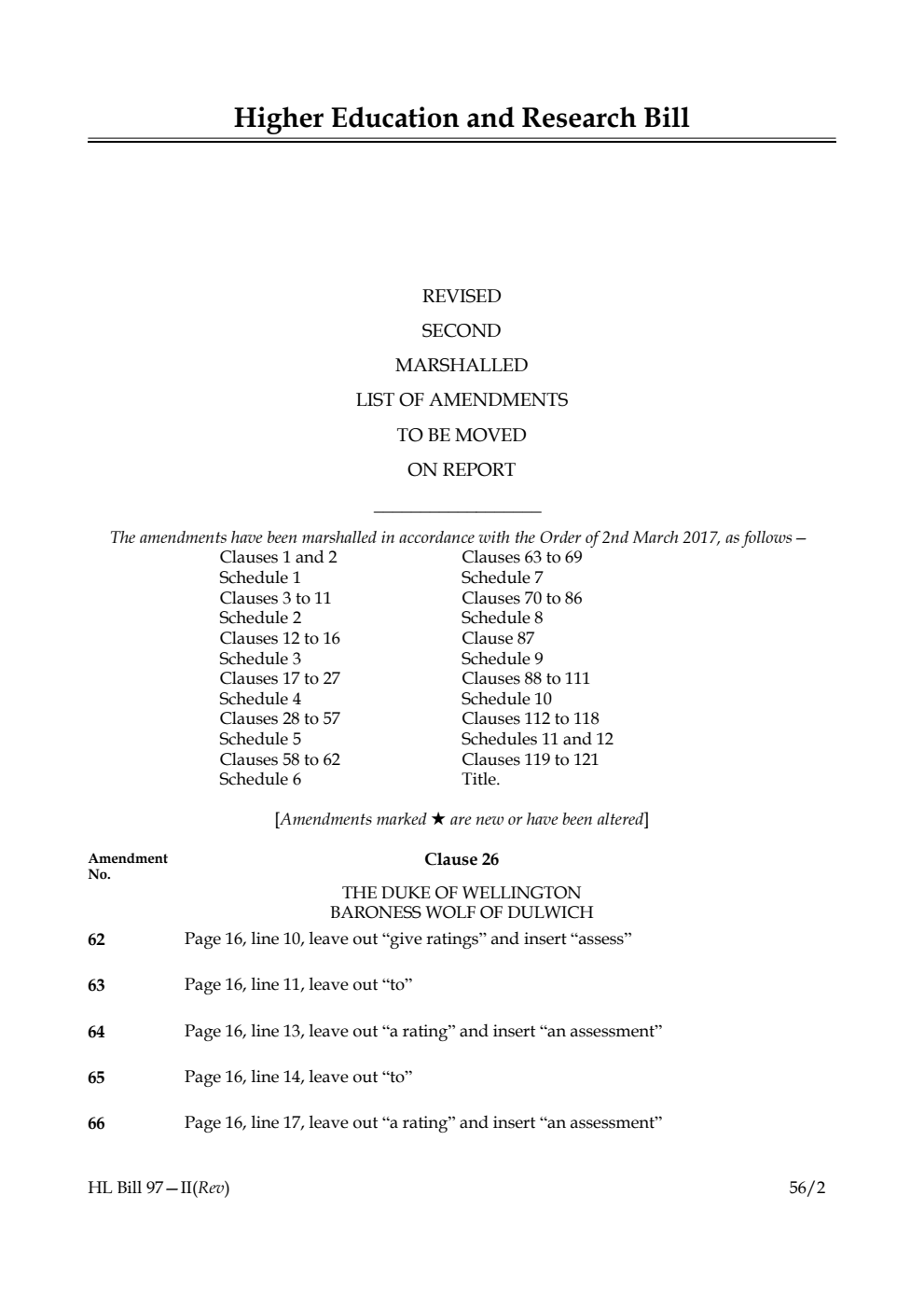 Higher Education and Research Bill Lords Amendments Revised 2nd Marshalled List