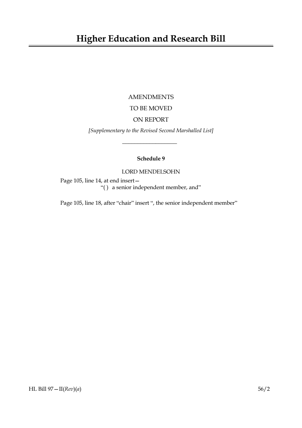 Higher Education and Research Bill Lords Amendments
