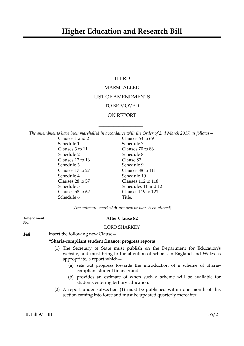 Higher Education and Research Bill Lords Amendments 3rd Marshalled List