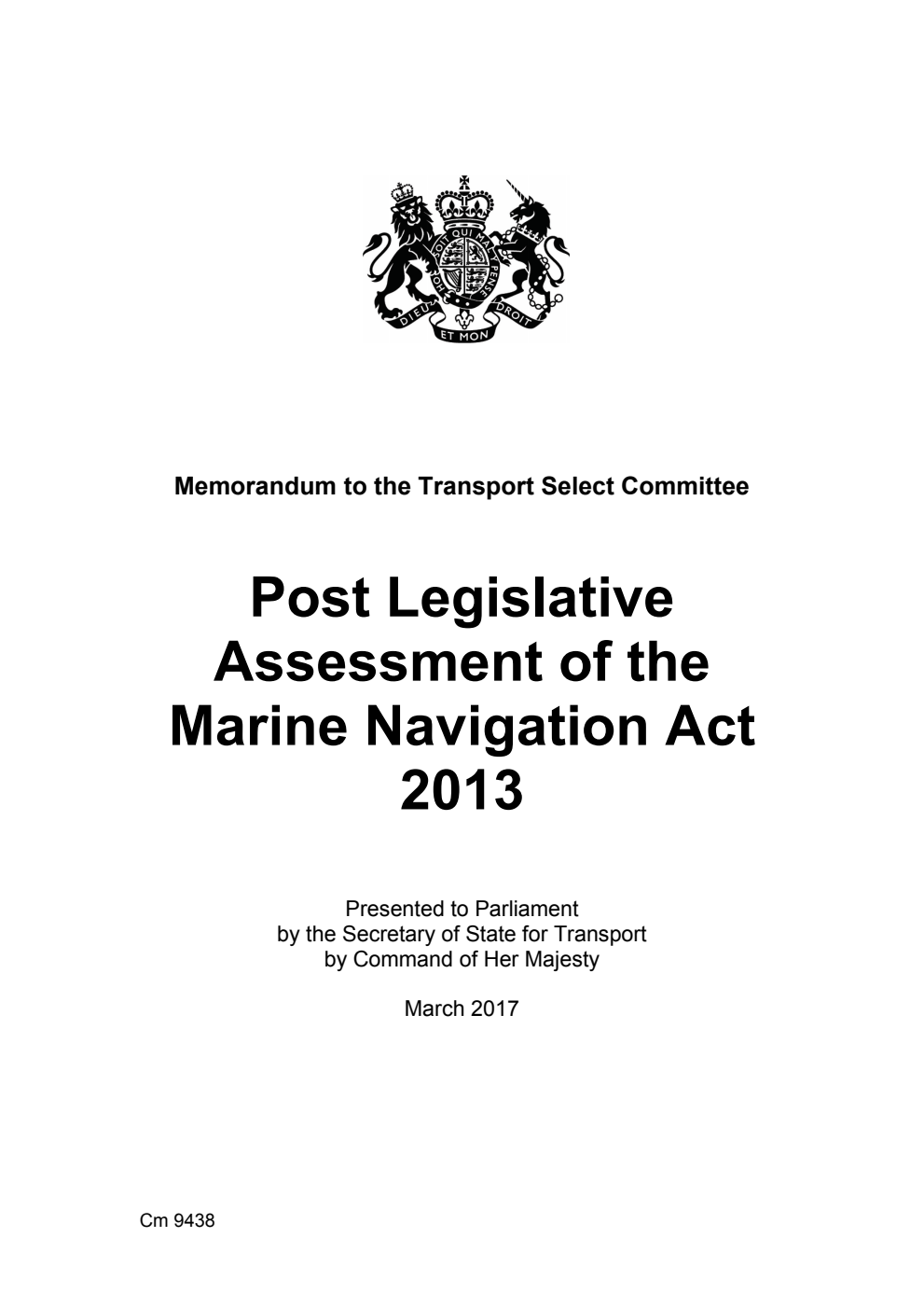 Memorandum to the Transport Select Committee: Post Legislative Assessment of the Marine Navigation Act 2013