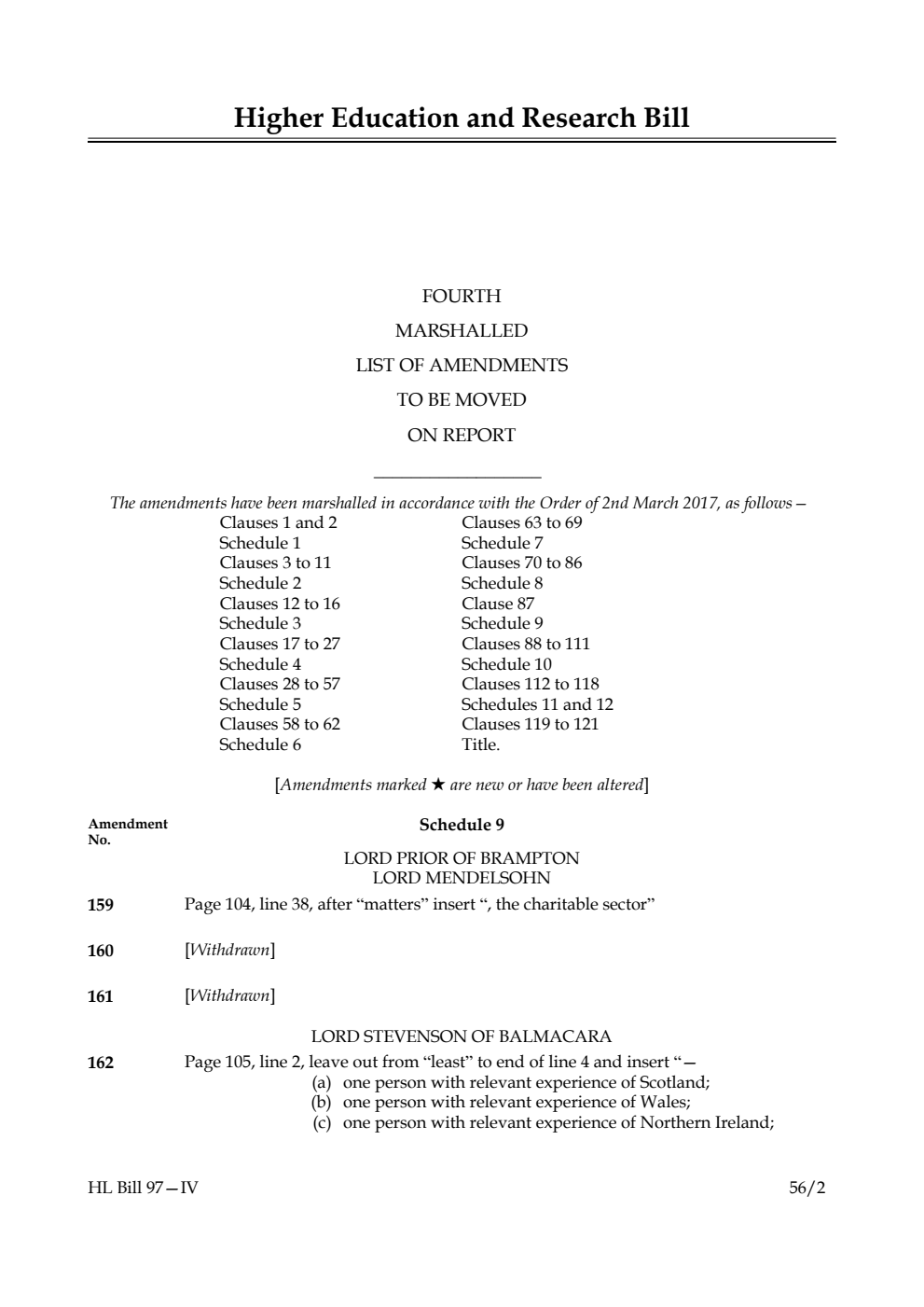 Higher Education and Research Bill Lords Amendments 4th Marshalled List