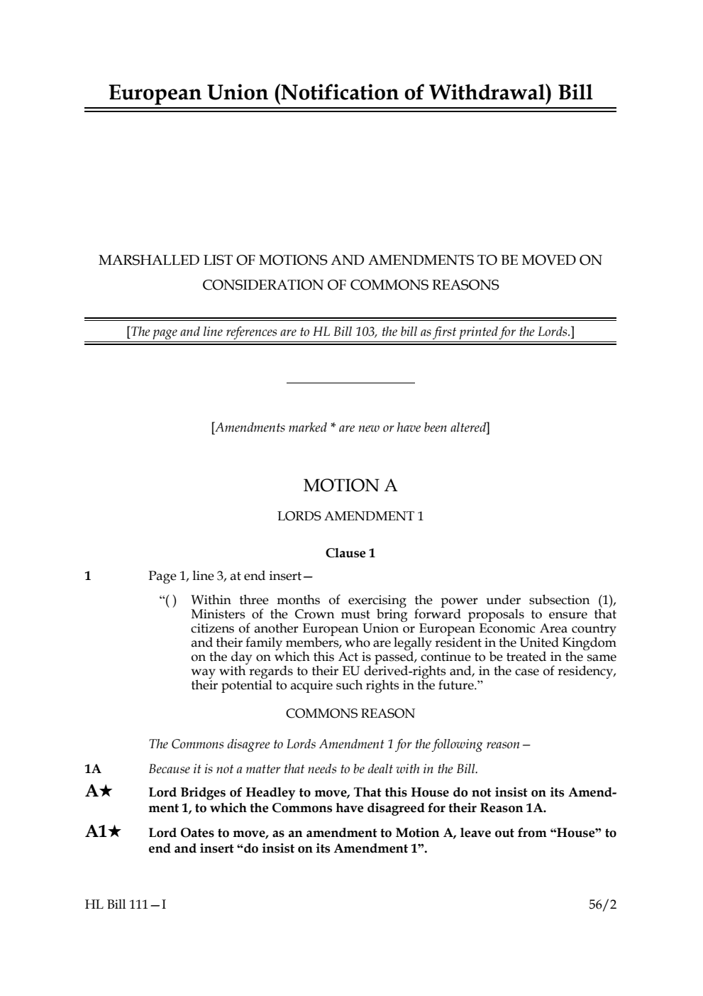 European Union (Notification of Withdrawal) Bill Lords Amendments 1st Marshalled List