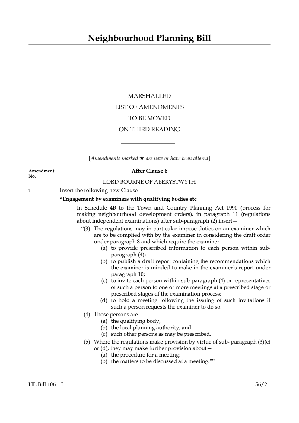 Neighbourhood Planning Bill Lords Amendments 1st Marshalled List