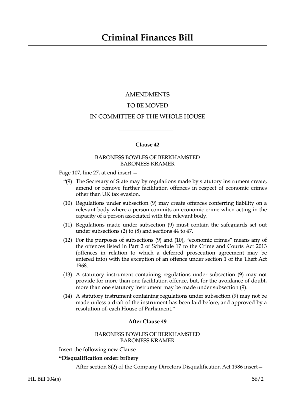 Criminal Finances Bill Lords Amendments