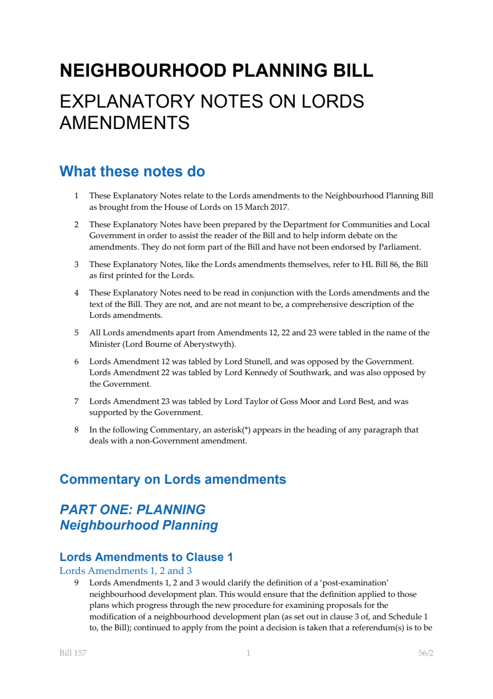 Neighbourhood Planning Bill Explanatory Notes on Lords Amendments