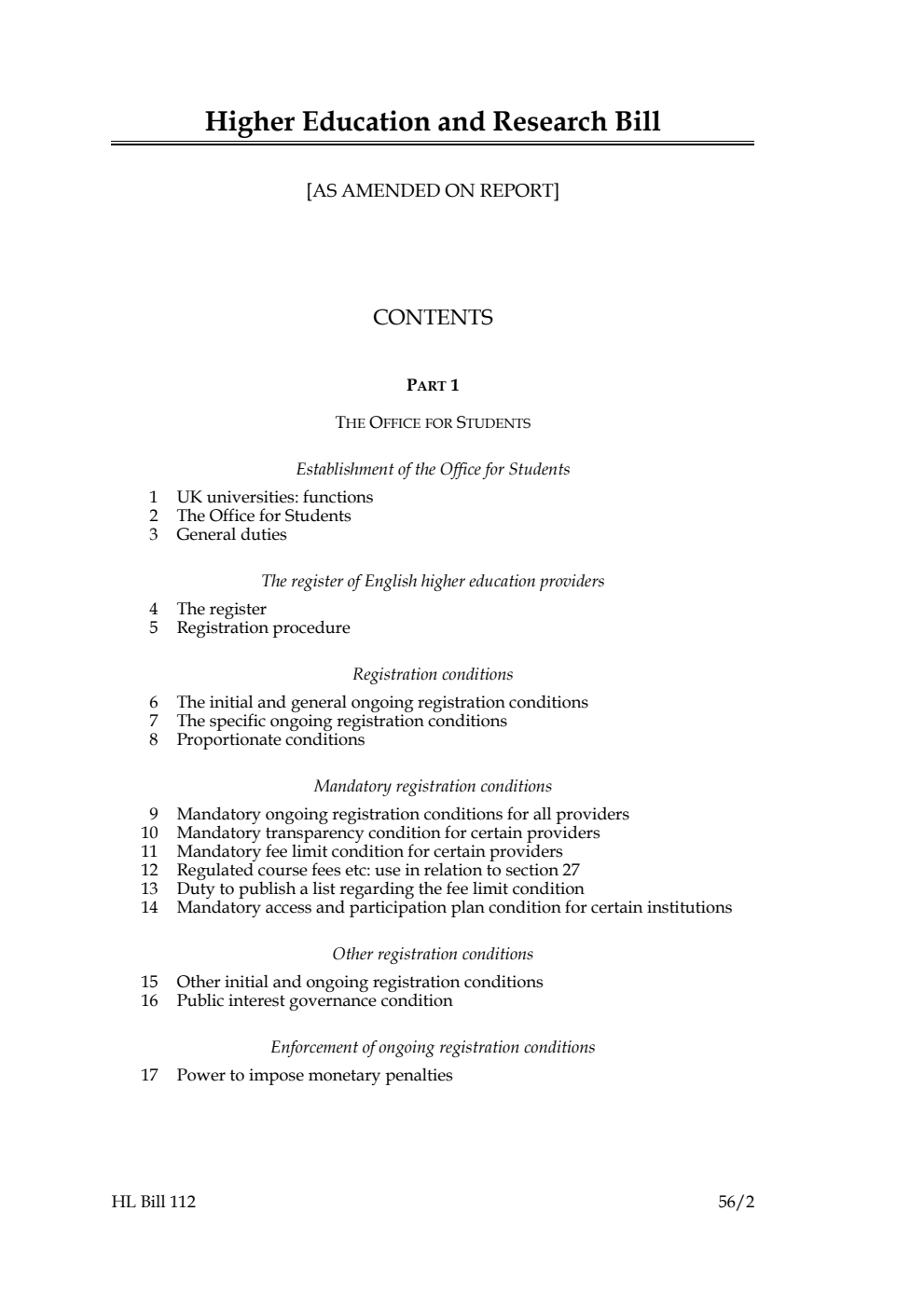 Higher Education and Research Bill [as amended on Report]