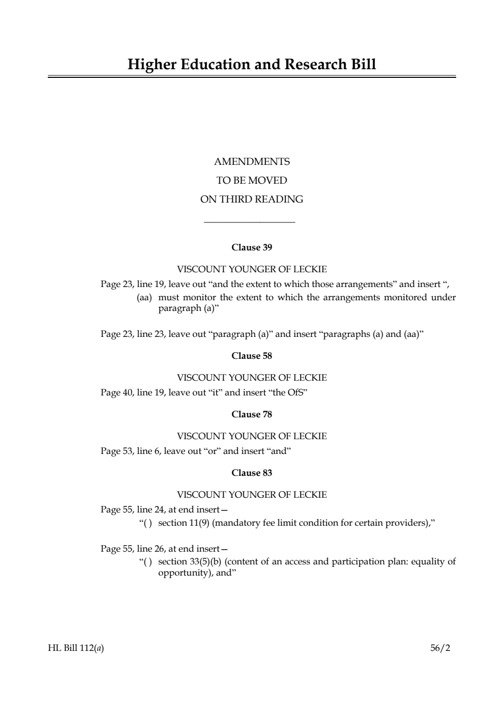 Higher Education and Research Bill Lords Amendments