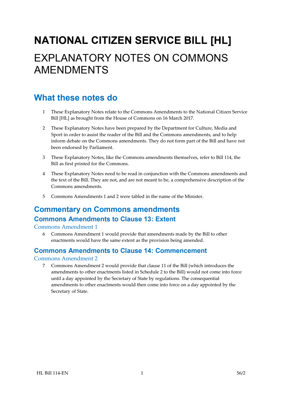 National Citizen Service Bill Explanatory Notes on Commons Amendments