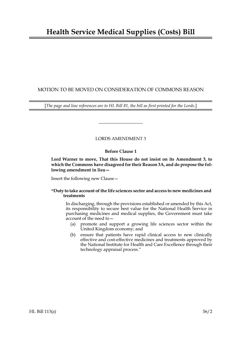Health Service Medical Supplies (Costs) Bill Commons Reason Lords Amendments