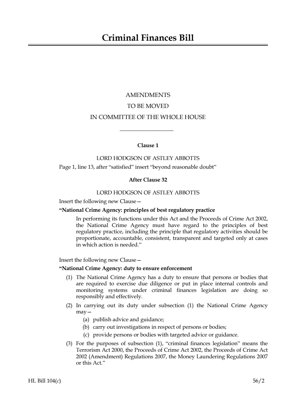 Criminal Finances Bill Lords Amendments