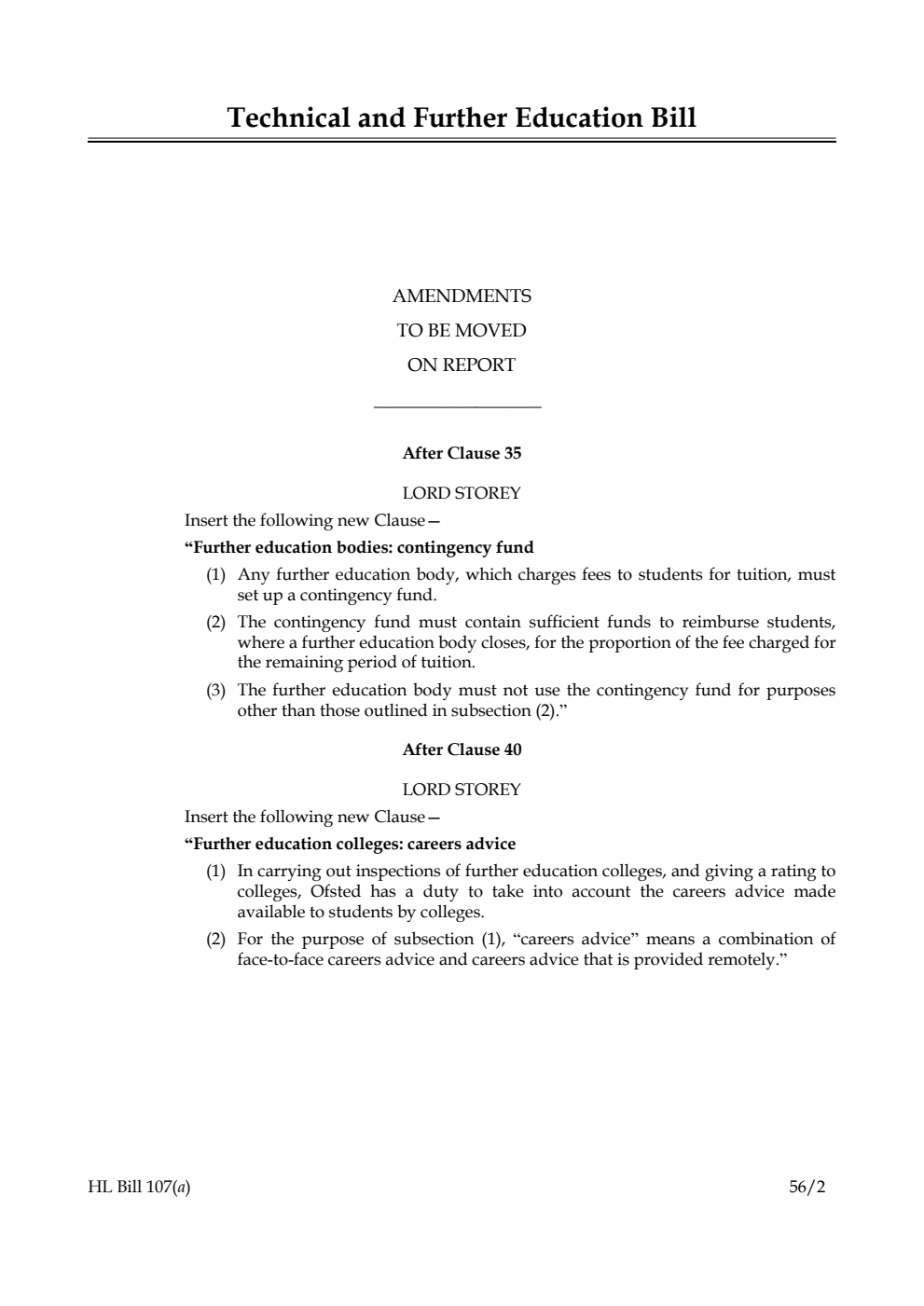 Technical and Further Education Bill Lords Amendments