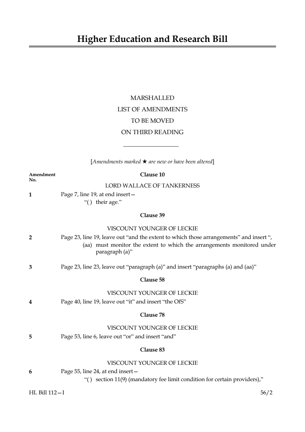 Higher Education and Research Bill Lords Amendments 1st Marshalled List