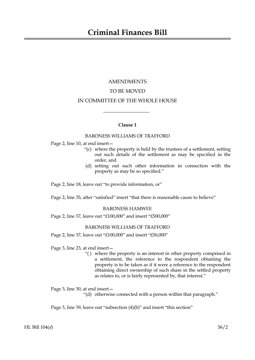 Criminal Finances Bill Lords Amendments