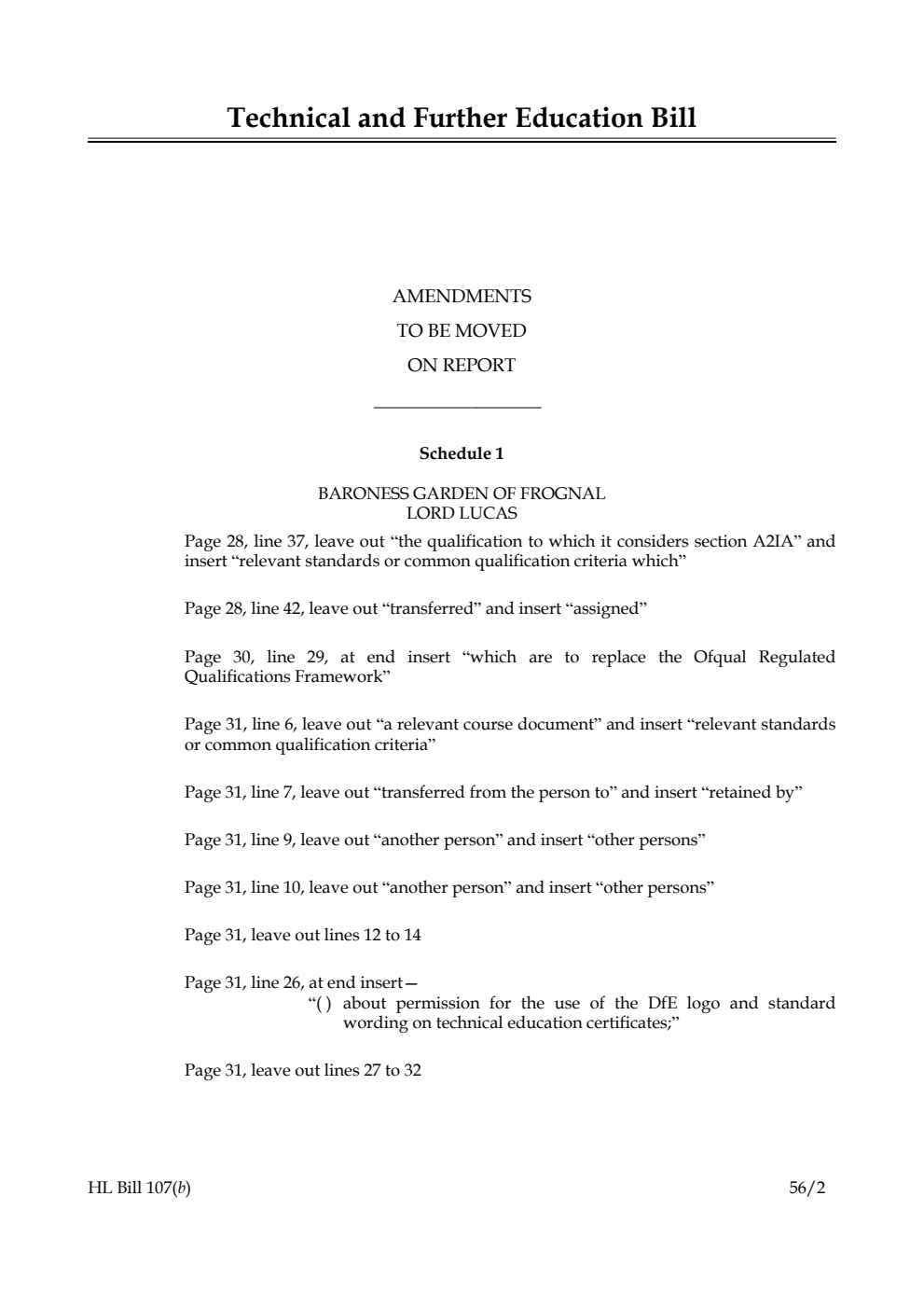Technical and Further Education Bill Lords Amendments