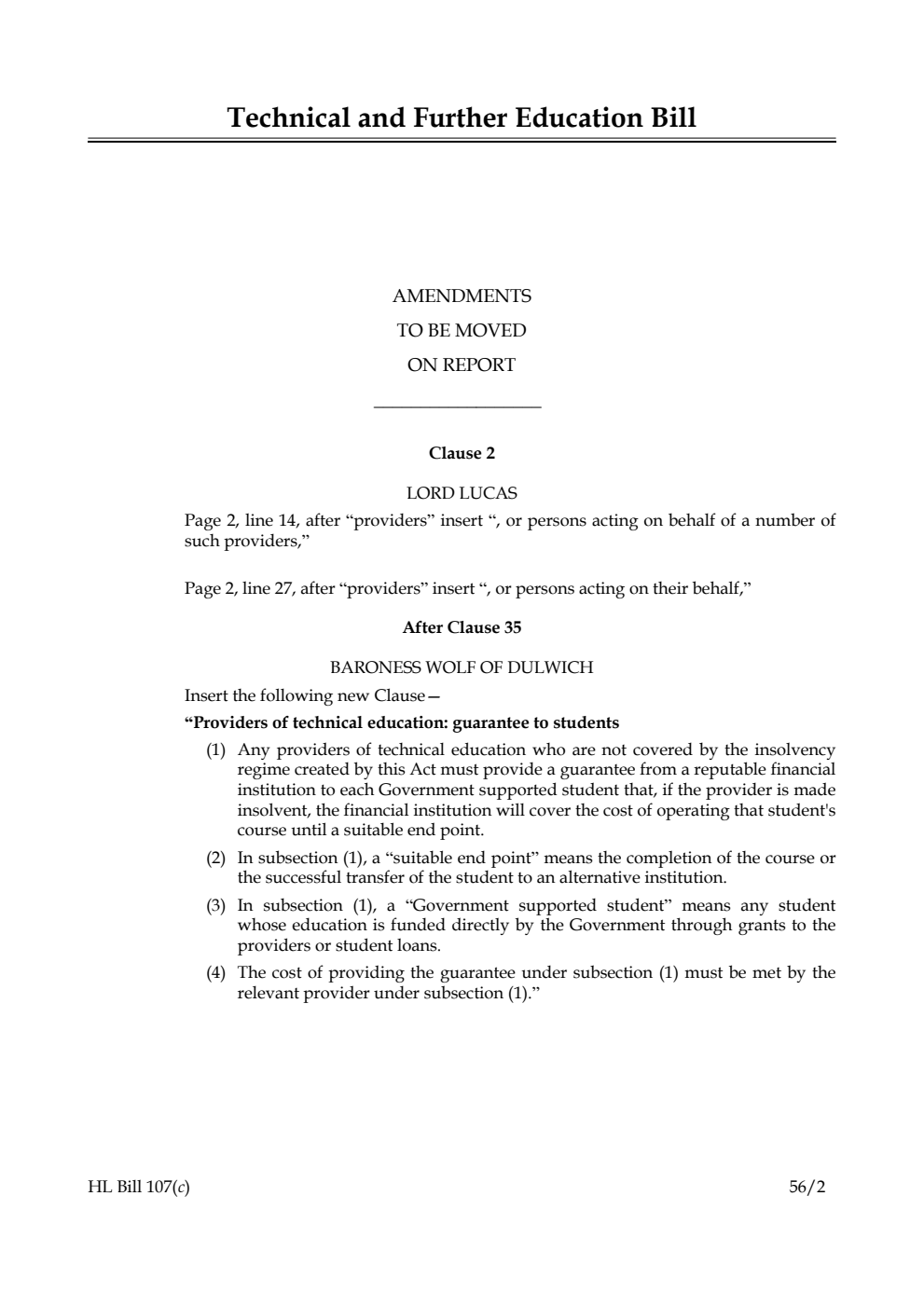 Technical and Further Education Bill Lords Amendments