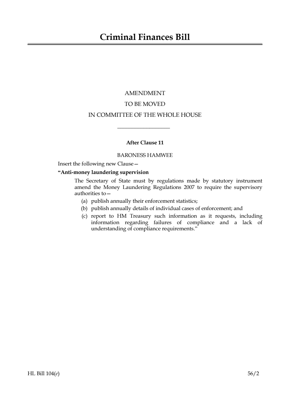 Criminal Finances Bill Lords Amendments